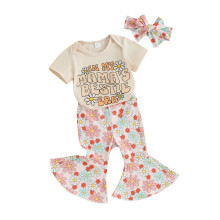 (3-6 Months, Khaki) Ensemble 3 pièces été pour bébé fille : barboteuse à manches courtes, pantalon évasé marguerites et bandeau.