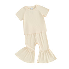 (4-5 Years, Apricot) Ensemble 2 pièces fille : haut manches courtes en maille côtelée, pantalon évasé taille élastique, couleur unie.