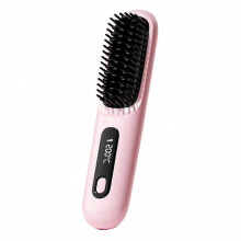 (Pink) USB Charging Portable Hair Straightener Brush, Cordless Straightening Comb LED Display & Ceramic Coating, Ionic Technology