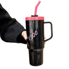(black)1300ml Car Cup Plastic Cup Straw Handle Straw Cup Student Cute Casual Portable Water Bottle Coffee Mug