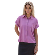 (XL, Pink) Chemise d'été pour femme en coton et lin, manches courtes, col à revers, boutonnée, couleur unie, une poche