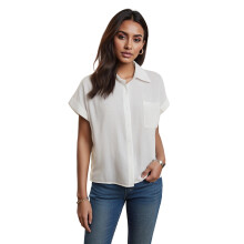 (M, White) Chemise d'été pour femme en coton et lin, manches courtes, col à revers, boutonnée, couleur unie, une poche