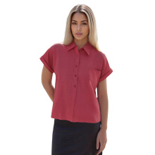 (S, Red) Chemise d'été pour femme en coton et lin, manches courtes, col à revers, boutonnée, couleur unie, une poche