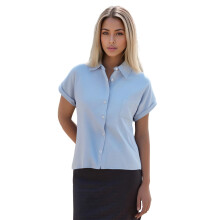 (M, Light Blue) Chemise d'été pour femme en coton et lin, manches courtes, col à revers, boutonnée, couleur unie, une poche