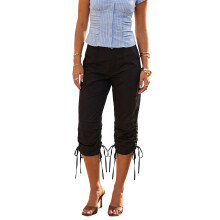 (XL, Black) Pantalon Capri printemps-été pour femme, coupe slim, ourlet à cordon, couleur unie