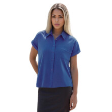 (M, Blue) Chemise d'été pour femme en coton et lin, manches courtes, col à revers, boutonnée, couleur unie, une poche