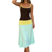 (XL, Blue) Robe longue bicolore pour femme, sans manches, à fines bretelles et coupe évasée, idéale pour les vacances