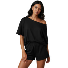 (S, Black) Damen-Sommerpyjama-Set, einfarbig, bestehend aus schulterfreiem Kurzarmtop und Mini-Shorts, 2-teiliges Lounge-Outfit