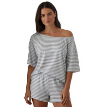 (XL, Light Grey) Damen-Sommerpyjama-Set, einfarbig, bestehend aus schulterfreiem Kurzarmtop und Mini-Shorts, 2-teiliges Lounge-Outfit
