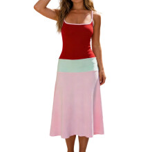 (XL, Pink) Robe longue bicolore pour femme, sans manches, à fines bretelles et coupe évasée, idéale pour les vacances