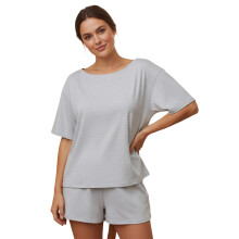(XL, Gray) Damen-Sommerpyjama-Set, einfarbig, bestehend aus schulterfreiem Kurzarmtop und Mini-Shorts, 2-teiliges Lounge-Outfit