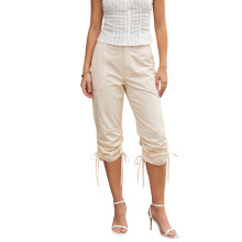 (M, Khaki) Pantalon Capri printemps-été pour femme, coupe slim, ourlet à cordon, couleur unie