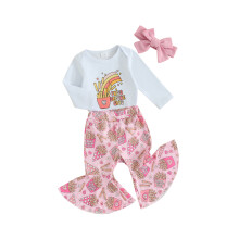 (12-18 Months, Pink) Tyttövauvojen kevätasut pitkähihainen body + leveät ranskalaiset perunat-housut + pantasetti