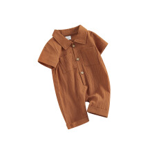 (12-18 Months, Brown) Combinaison bébé garçon en coton et lin, col à revers, manches courtes, boutonnage, vêtements pour bébé