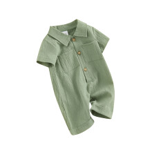 (12-18 Months, Green) Combinaison bébé garçon en coton et lin, col à revers, manches courtes, boutonnage, vêtements pour bébé