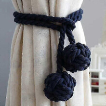 1 Pair of Handmade Cotton Tiebacks for Curtains with Rope and Double Ball in Dark Blue