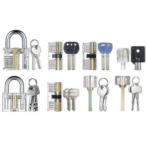 8-Piece Transparent Practice Lock Set for Locksmith Training, Includes Padlocks and Tubular Locks