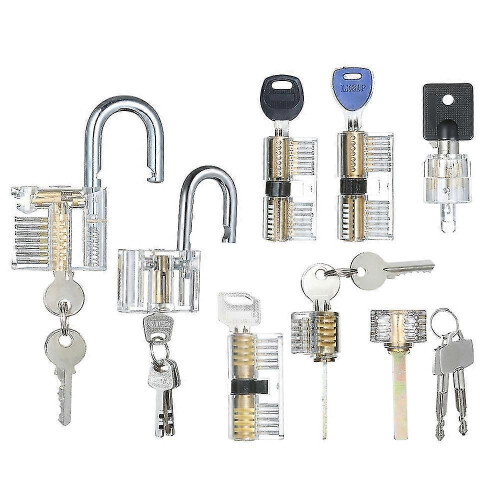 8-Piece Transparent Practice Lock Set for Locksmith Training, Includes Padlocks and Tubular Locks 1