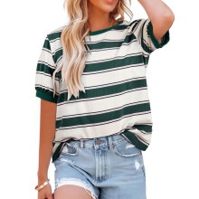 Women's casual cotton short-sleeved shirt, round neck-Green M