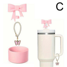 (The color of silver)Bow Straw Cap For Stanley Cup Kettle Set with Lobster Buckle & Bow Chain