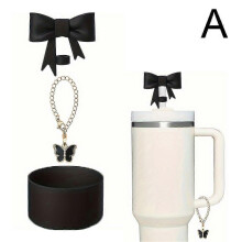 (100pcs,Black)Bow Straw Cap For Stanley Cup Kettle Set with Lobster Buckle & Bow Chain