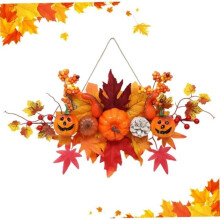 Autumn wreath - Party decoration - Pumpkins and maple leaves - Orange - Outdoor - Halloween