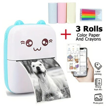 Mini portable Bluetooth thermal printer, 3 rolls of color paper, compatible with Android/iOS, blue