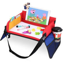 Travel activity tray for children and toddlers, comfortable padded base, side panels, mesh pockets