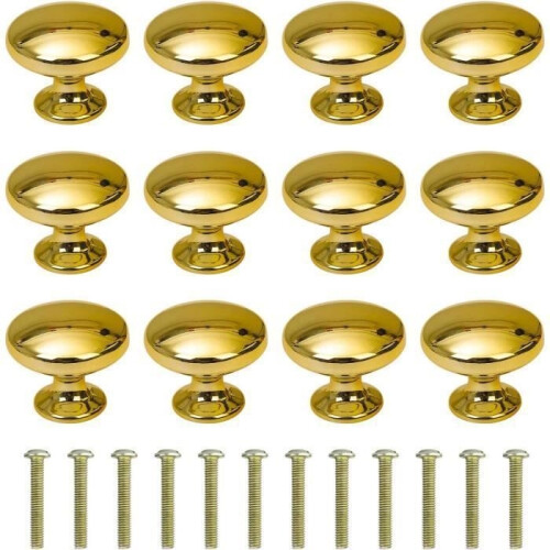Round Door Knobs, 30mm Drawer Knobs, Drawer Handles with Screws for Cabinet, Office, Bookshelf, 12 Pcs - Gold