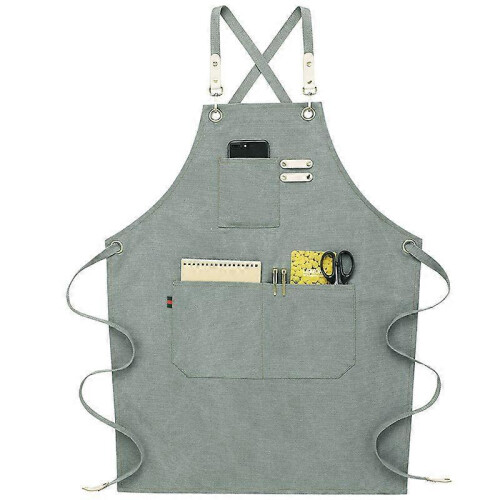 (Grey) Chef Apron, Adjustable Cross Back Canvas Apron,waterdrop Resistant Multipurpose