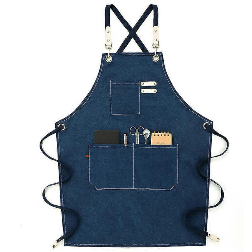 (Blue) Chef Apron, Adjustable Cross Back Canvas Apron,waterdrop Resistant Multipurpose