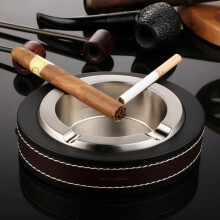 High-End Luxury Cigar Ashtray, Stainless Steel Leather Cigarette Ashtray for Indoor and Outdoor Use (Silver)