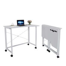 White Folding Desk with Locking Casters Foldable Table w/Wheels for Living Room Bedroom Office