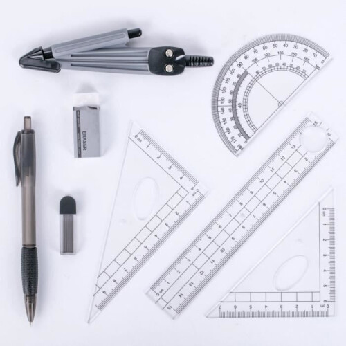 Math Geometry Kit, 8-Piece Set, Student Supplies with Unbreakable Storage Box, Includes Rulers, Protractor, Compass 1