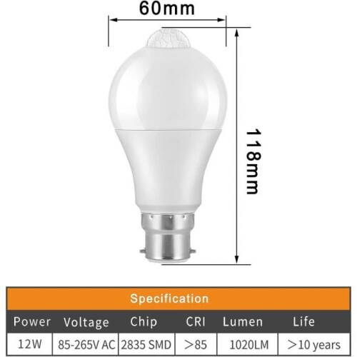 B22 LED Bulb - Pack of 2 - Motion Sensor - 12W - 1020lm - Cool White 6000K 1