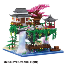 (Blossom C,without box)Adult Chinese Architecture Building Block Set - Peach Blossom Pond Fairy Pavilion Bonsai Tree House Colored Lantern Gift Toy