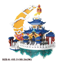 (Moon Palace,with box)Adult Chinese Architecture Building Block Set - Peach Blossom Pond Fairy Pavilion Bonsai Tree House Colored Lantern Gift Toy