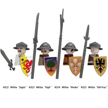 (N322-325-4PCS)Medieval MOC Soldier Figure Building Blocks Roman Warrior Egyptian Pharaoh Peasant Witches Militia Weapon DIY Mini Toy Gift T019