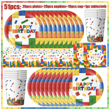 (51pcs)New Building Block Birthday Party Decoration Colorful Building Blocks Plates Cup Napkins Tableware Tablecloth Supplies Kids Boys