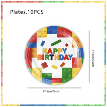 (10pcs 7inch plates)New Building Block Birthday Party Decoration Colorful Building Blocks Plates Cup Napkins Tableware Tablecloth Supplies Kids Boys