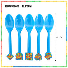 (10pcs spoon)New Building Block Birthday Party Decoration Colorful Building Blocks Plates Cup Napkins Tableware Tablecloth Supplies Kids Boys