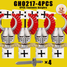 (GH0217-4PCS) Mittelalterliche Militärfiguren der Tempelritter: Antike Reiter, Soldaten, Flagge, Hel