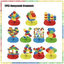 (11pc honeycomb)New Building Block Birthday Party Decoration Colorful Building Blocks Plates Cup Napkins Tableware Tablecloth Supplies Kids Boys