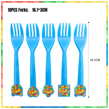 (10pcs fork)New Building Block Birthday Party Decoration Colorful Building Blocks Plates Cup Napkins Tableware Tablecloth Supplies Kids Boys