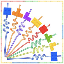 (8pcs PVC straw)New Building Block Birthday Party Decoration Colorful Building Blocks Plates Cup Napkins Tableware Tablecloth Supplies Kids Boys