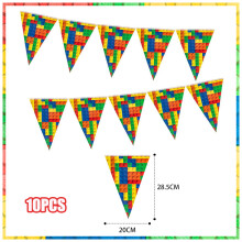 (10pcs pennants)New Building Block Birthday Party Decoration Colorful Building Blocks Plates Cup Napkins Tableware Tablecloth Supplies Kids Boys