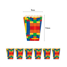 (6pcs popcorn boxs)New Building Block Birthday Party Decoration Colorful Building Blocks Plates Cup Napkins Tableware Tablecloth Supplies Kids Boys