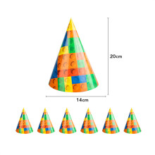 (6pcs paper caps)New Building Block Birthday Party Decoration Colorful Building Blocks Plates Cup Napkins Tableware Tablecloth Supplies Kids Boys