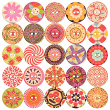 100Pcs Wooden Buttons 20mm Round Retro Buttons Colorful Flower Geometric Painting Wood Sewing Button 2 Holes Crafting