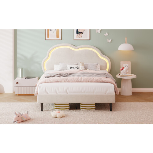 4ft6 Double Upholstered Bed with LED Adjustable Cute Cloud Headboard 1